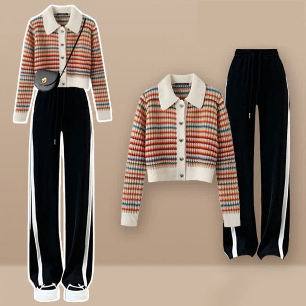 Colorblock Stripe Rainbow Cardigan Sweater Casual Pants Two Pieces - Modakawa modakawa