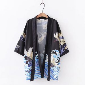 Vintage Crane Blossom Print Cardigan Kimono Outerwear - Modakawa modakawa