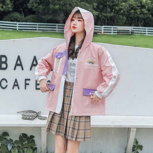 Cute School Student Rainbow Embroidery Hooded Jacket Outerwear - Modakawa Modakawa