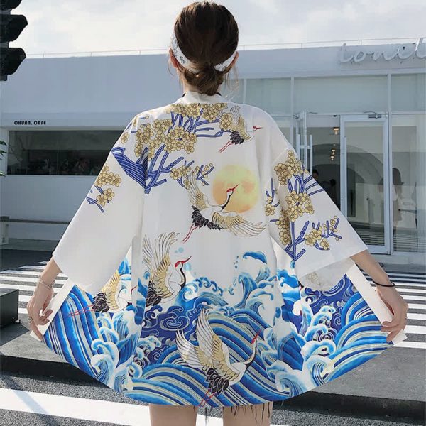 Vintage Crane Blossom Print Cardigan Kimono Outerwear - Modakawa modakawa