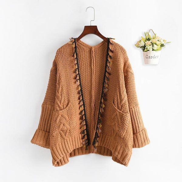 Open Front Tassel Knit Cardigan Sweater Coat - Modakawa Modakawa