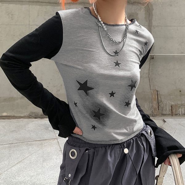 Fashion Star Print Round Collar Colorblock Sweatshirt Top  - Modakawa Modakawa