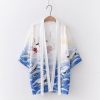 Crane Print Japanese Belted Kimono Outerwear Sun Protective - Modakawa Modakawa