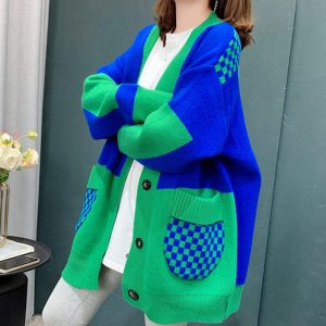 Colorblock Lattice Pocket Casual Cardigan Sweater - Modakawa Modakawa