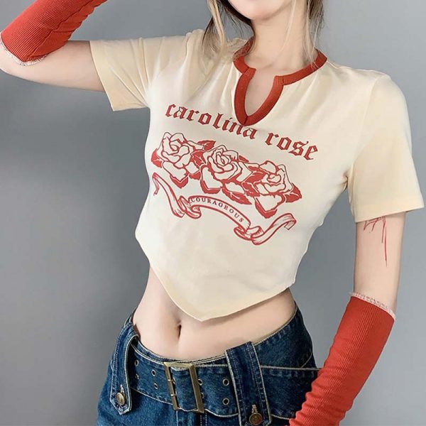 Fashion Rose Letter Print Irregular Crop Top T-shirt - Modakawa Modakawa