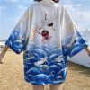 Crane Print Japanese Belted Kimono Outerwear Sun Protective - Modakawa Modakawa